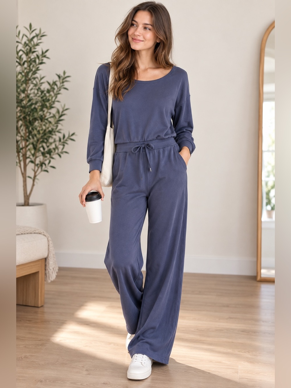 SPANX AirEssentials Wide Leg Jumpsuit Slate Blue Petite Large